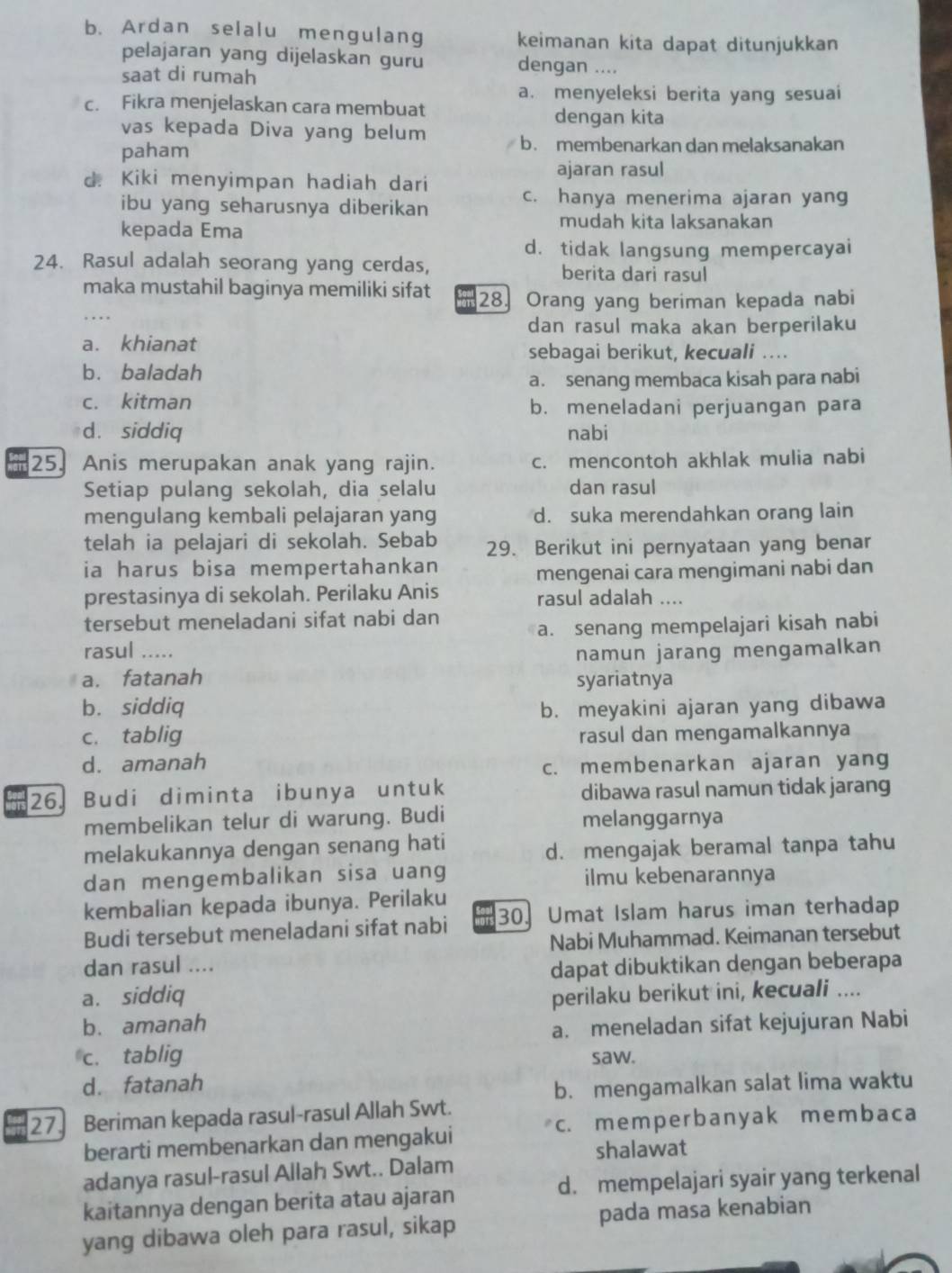 b. Ardan selalu mengulang keimanan kita dapat ditunjukkan
pelajaran yang dijelaskan guru dengan ....
saat di rumah
a. menyeleksi berita yang sesuai
c. Fikra menjelaskan cara membuat
dengan kita
vas kepada Diva yang belum
paham b. membenarkan dan melaksanakan
ajaran rasul
d Kiki menyimpan hadiah dari
ibu yang seharusnya diberikan
c. hanya menerima ajaran yang
kepada Ema
mudah kita laksanakan
d. tidak langsung mempercayai
24. Rasul adalah seorang yang cerdas, berita dari rasul
maka mustahil baginya memiliki sifat 28. Orang yang beriman kepada nabi
. . . . dan rasul maka akan berperilaku
a. khianat
sebagai berikut, kecuali ....
bù baladah
a. senang membaca kisah para nabi
c. kitman b. meneladani perjuangan para
d. siddiq nabi
25. Anis merupakan anak yang rajin. c. mencontoh akhlak mulia nabi
Setiap pulang sekolah, dia selalu dan rasul
mengulang kembali pelajaran yang d. suka merendahkan orang lain
telah ia pelajari di sekolah. Sebab 29. Berikut ini pernyataan yang benar
ia harus bisa mempertahankan
mengenai cara mengimani nabi dan
prestasinya di sekolah. Perilaku Anis rasul adalah …
tersebut meneladani sifat nabi dan
a. senang mempelajari kisah nabi
rasul .....
a. fatanah namun jarang mengamalkan
syariatnya
b. siddiq b. meyakini ajaran yang dibawa
c. tablig rasul dan mengamalkannya
d. amanah
c. membenarkan ajaran yang
26. Budi diminta ibunya untuk dibawa rasul namun tidak jarang
membelikan telur di warung. Budi melanggarnya
melakukannya dengan senang hati
d. mengajak beramal tanpa tahu
dan mengembalikan sisa uang ilmu kebenarannya
kembalian kepada ibunya. Perilaku
Budi tersebut meneladani sifat nabi ots 30. Umat Islam harus iman terhadap
Nabi Muhammad. Keimanan tersebut
dan rasul ....
dapat dibuktikan dengan beberapa
a. siddiq perilaku berikut ini, kecuali ....
b. amanah
a. meneladan sifat kejujuran Nabi
c. tablig saw.
d. fatanah
b. mengamalkan salat lima waktu
27 Beriman kepada rasul-rasul Allah Swt.
c. memperbanyak membaca
berarti membenarkan dan mengakui
shalawat
adanya rasul-rasul Allah Swt.. Dalam
kaitannya dengan berita atau ajaran d. mempelajari syair yang terkenal
yang dibawa oleh para rasul, sikap pada masa kenabian