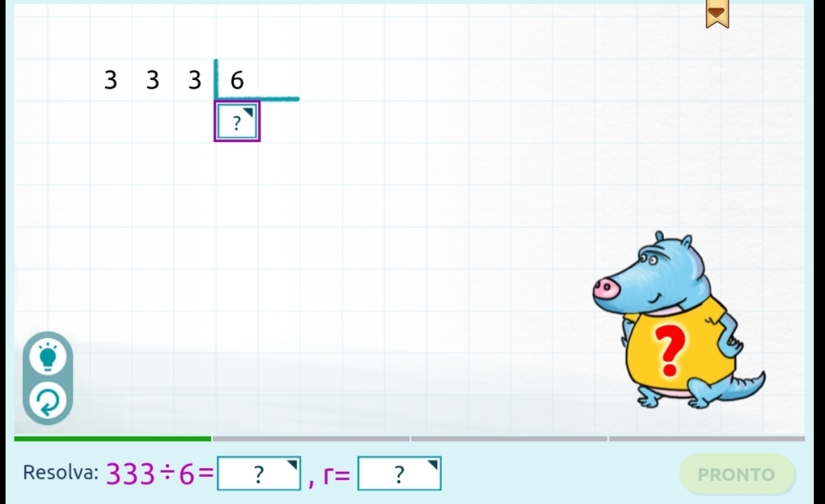 333|frac 6boxed ?
Q 
Resolva: 333/ 6= ？ r= ? PRONTO