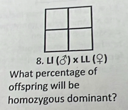 LI(8)* LL(_ 8)
What percentage of 
offspring will be 
homozygous dominant?