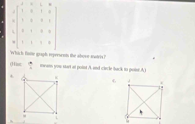 J K L M
J 1 0 t 0
K 1 0 1
L 0 1 0 0
h 1 1 1 0
Which finite graph represents the above matrix?
(Hint: means you start at point A and circle back to point A)
a.
C.
h