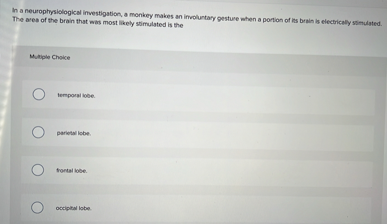 In a neurophysiological investigation, a monkey makes an involuntary gesture when a portion of its brain is electrically stimulated.
The area of the brain that was most likely stimulated is the
Multiple Choice
temporal lobe.
parietal lobe.
frontal lobe.
occipital lobe.