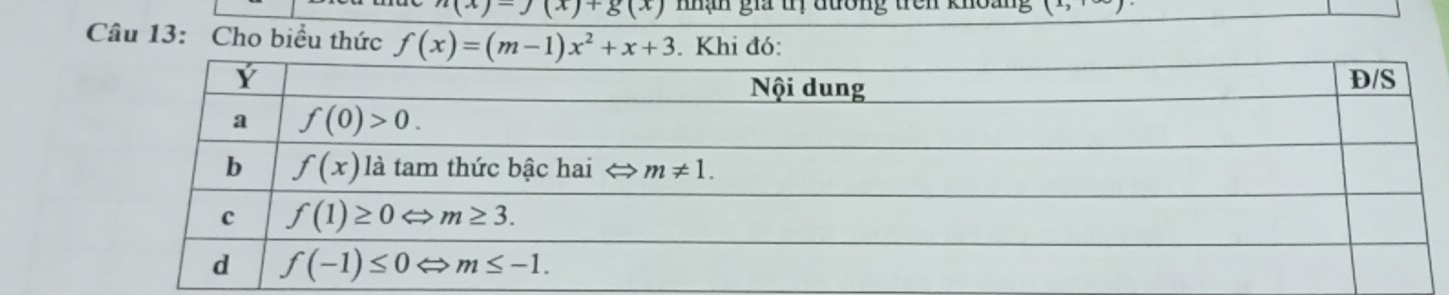 (x)-)(x)+g(x) nhận gia trị đương trên khoảng
Câu 13: Cho biểu thức f(x)=(m-1)x^2+x+3. Khi đó: