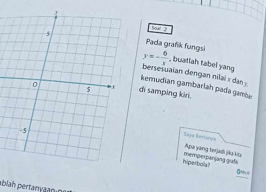 Soal 2 
Pada grafk fungsi
y=- 6/x  , buatlah tabel yang 
bersesuaian dengan nilai x dan y
kemudian gambarlah pada gambar 
di samping kiri. 
Saya Bertanya 
Apa yang terjadi jika kita 
memperpanjang grafk 
hiperbola? ◎ Hilm 140 
ablah pertanyaanın