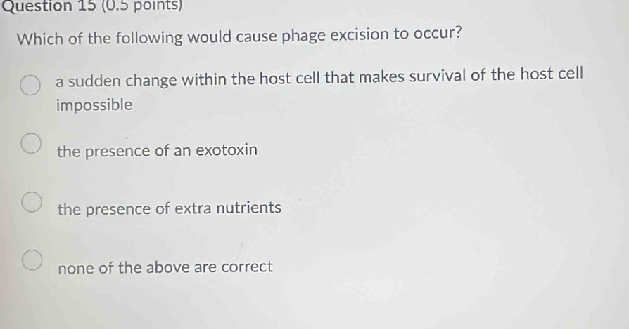 Which of the following would cause phage excision to occur?
a sudden change within the host cell that makes survival of the host cell
impossible
the presence of an exotoxin
the presence of extra nutrients
none of the above are correct