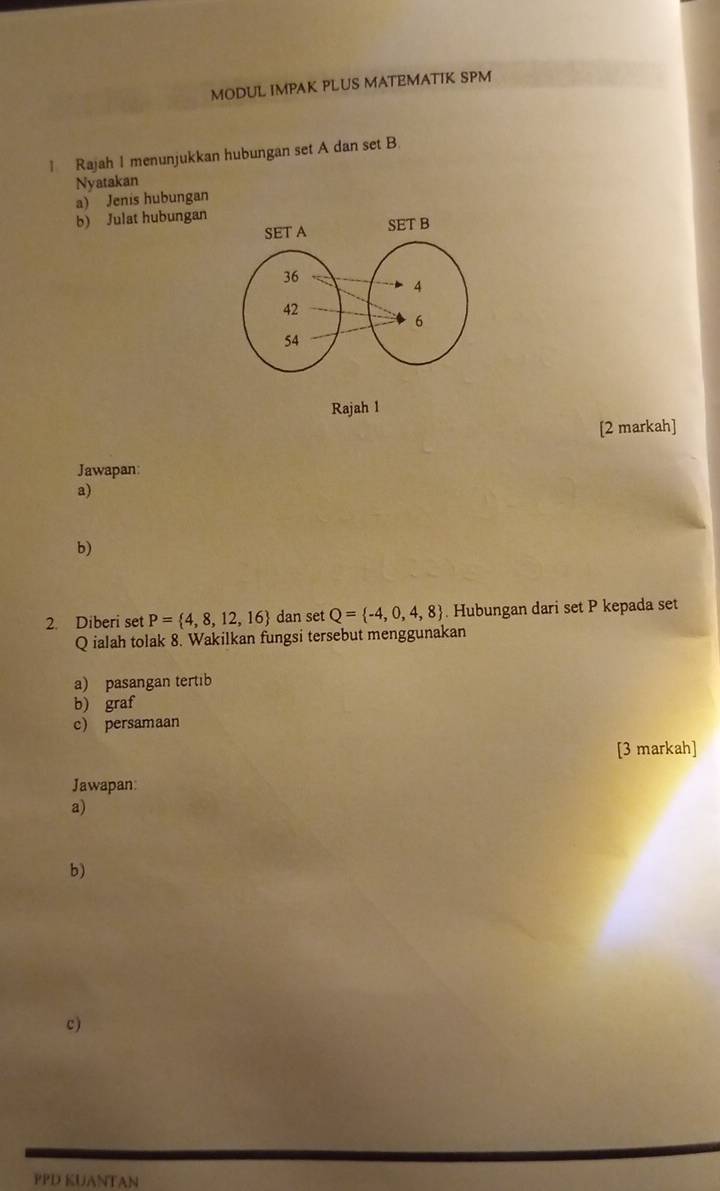 MODUL IMPAK PLUS MATEMATIK SPM 
1 Rajah I menunjukkan hubungan set A dan set B. 
Nyatakan 
a) Jenis hubungan 
b) Julat hubungan 
Rajah 1 
[2 markah] 
Jawapan: 
a) 
b) 
2. Diberi set P= 4,8,12,16 dan set Q= -4,0,4,8. Hubungan dari set P kepada set
Q ialah tolak 8. Wakilkan fungsi tersebut menggunakan 
a) pasangan tertib 
b) graf 
c) persamaan 
[3 markah] 
Jawapan: 
a) 
b) 
c) 
PPD KUANTAN