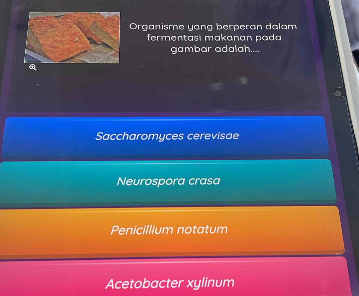 Organisme yang berperan dalam
fermentasi makanan pada
gambar adalah....
Saccharomyces cerevisae
Neurospora crasa
Penicillium notatum
Acetobacter xylinum