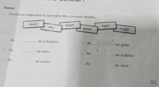 Focus
! Choose an adjective to complete the common similes.
fresh light
busy dry good tough
As _as a feather. As_ as gold.
As _as nails. : As_ as a daisy.
As as a bee. f As as dust.
61