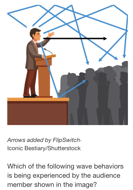 Arrows added by FlipSwitch. 
Iconic Bestiary/Shutterstock 
Which of the following wave behaviors 
is being experienced by the audience 
member shown in the image?