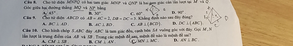 Cho tứ diện MNPQ có hai tam giác MNP và QNP là hai tam giác cân lân lượt tại M và Q.
Góc giữa hại đường thẳng MQ và NP bằng
N Q
A 45°.
e.30°. C. 60° D. 90°. 
Câu 9. Cho tứ diện 4BCD có AB=AC=2, DB=DC=3. Khẳng định nào sau đây đúng?
A. BC⊥ AD. B. AC⊥ BD. C. AB⊥ (BCD). D. DC⊥ (ABC). 
Câu 10. Cho hình chóp S. ABC đáy ABC là tam giác đều, cạnh bên SA vuông góc với đáy. Gọi M, N
lần lượt là trung điểm của AB và SB. Trong các mệnh đề sau, mệnh đề nào là mệnh đề sai?
A. CM⊥ SB. B. CM⊥ AN. C MN⊥ MC. D. AN⊥ BC.