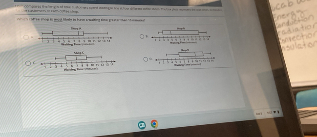 eah compares the length of time customers spend waiting in line at four difterent coffee shops. The boa plots represent the wa sines, in minte
for the customers at each coffee shop.
Which coffee shop is most likely to have a waiting time greater than 10 minutes?

A
B.

C.

Out s 9 57