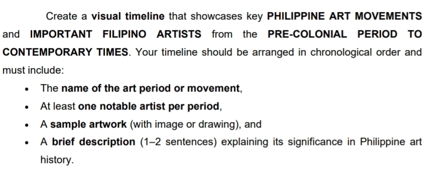 Solved: Create a visual timeline that showcases key PHILIPPINE ART ...
