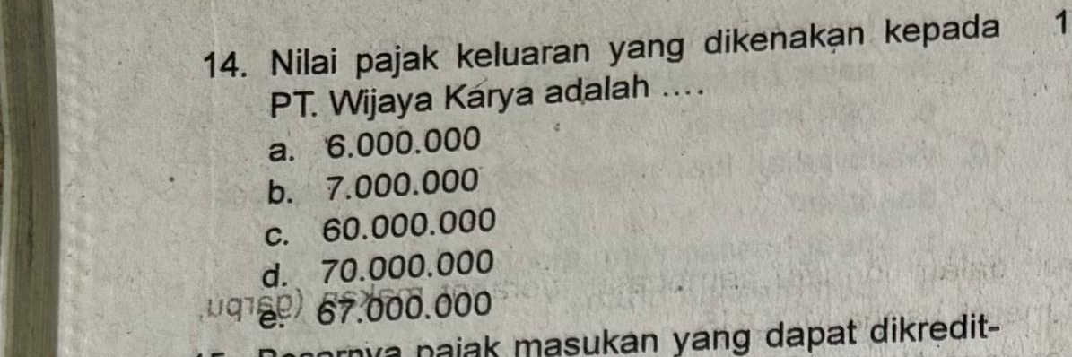 Nilai pajak keluaran yang dikenakan kepada 1
PT. Wijaya Karya adalah ...
a. 6.000.000
b. 7.000.000
c. 60.000.000
d. 70.000.000
0918º) 67.000.000
ornva najak masukan yang dapat dikredit-