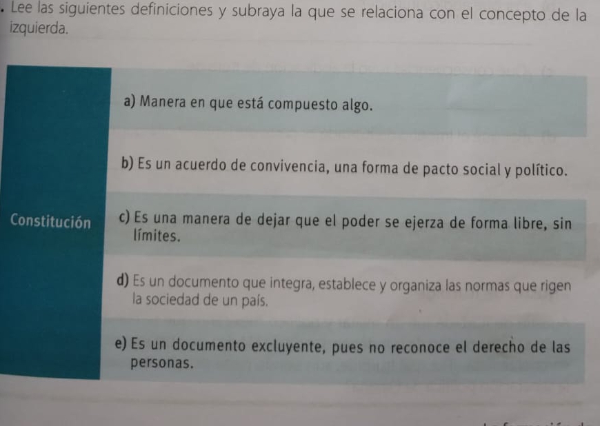 Lee las siguientes definiciones y subraya la que se relaciona con el concepto de la 
izquierda. 
C