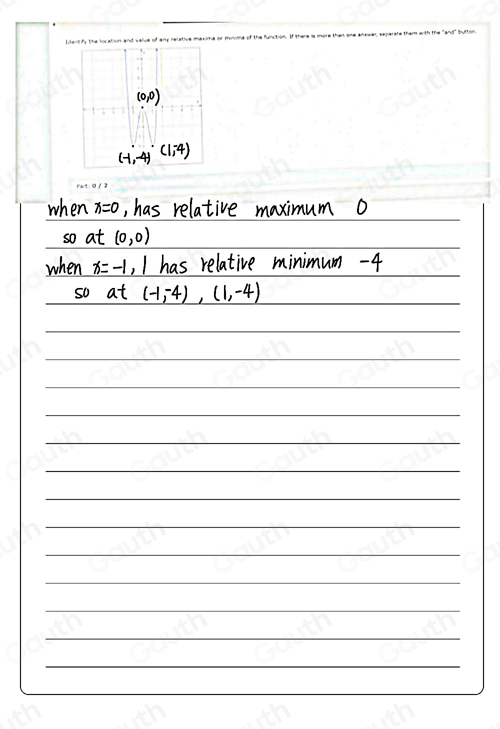 Idenitify the location and value of any relative maxima or minima of the function. If there is more than one answer, separate them with the "and" button. 
Part: 0 / 2