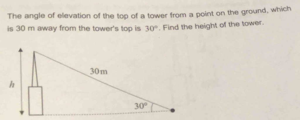 The angle of elevation of the top of a tower from a point on the ground, which
is 30 m away from the tower's top is 30°. Find the height of the tower.