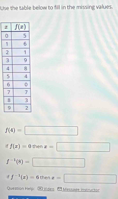 Use the table below to fill in the missing values.
f(4)=□
if f(x)=0 then x=□
f^(-1)(8)= =□
if f^(-1)(x)=6 then x=□
Question Help: D  Video Message instructor