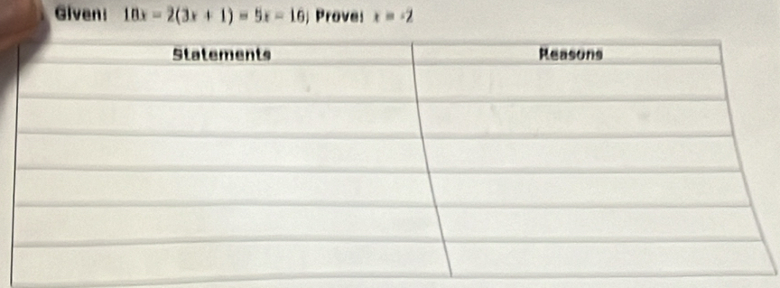 Giveni 18x-2(3x+1)=5x-16) Proves x=-2