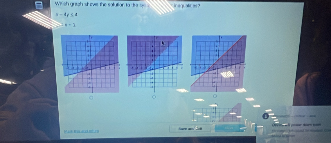 Which graph shows the solution to the syste inequalities?
x-4y≤ 4
x+1
Mark this and csturn Save and xit