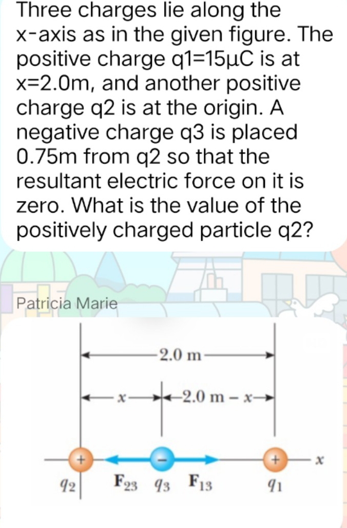 Three charges lie along the
x-axis as in the given figure. The
positive charge q1=15mu C is at
x=2.0m , and another positive
charge q2 is at the origin. A
negative charge q3 is placed
0.75m from q2 so that the
resultant electric force on it is
zero. What is the value of the
positively charged particle q2?
Patricia Marie