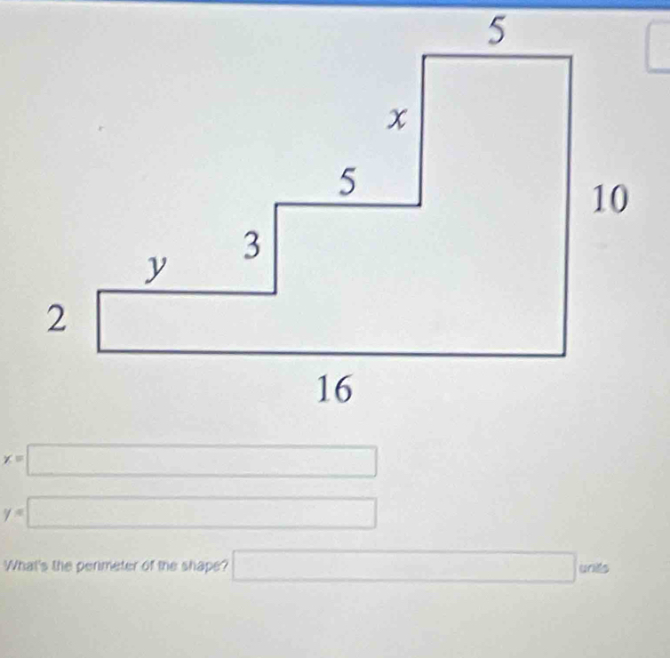 x=□
y=□
What's the penmeter of the shape? □ units