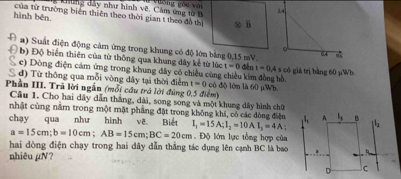 vương góc với
g khung dầy như hình vẽ. Cảm ứng từ B
của từ trường biến thiên theo thời gian t theo đồ thị overline B
hình bên.
a) Suất điện động cảm ứng trong khung có độ lớn bằng 0,15 mV.
b) Độ biến thiên của từ thông qua khung dây kể từ lúc t=0 đến t=0,4s có giá trị bằng 60 μWb.
c) Dòng điện cảm ứng trong khung dây có chiều cùng chiều kim đồng hồ.
d) Từ thông qua mỗi vòng dây tại thời điểm t=0 có độ lớn là 60 μWb.
Phần III. Trã lời ngắn (mỗi cầu trả lời đúng 0,5 điểm)
Câu 1. Cho hai dây dẫn thằng, dài, song song và một khung dây hình chữ
nhật cùng nằm trong một mặt phẳng đặt trong không khí, có các dòng điện
chạy qua như hình vẽ. Biết I_1=15A;I_2=10AI_3=4A.
a=15cm;b=10cm;AB=15cm;BC=20cm. Độ lớn lực tổng hợp của
hai dòng điện chạy trong hai dây dẫn thằng tác dụng lên cạnh BC là bao
nhiêu µN?