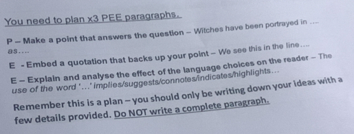 You need to plan x3 PEE paragraphs. 
P - Make a point that answers the question - Witches have been portrayed in .... 
as.... 
E - Embed a quotation that backs up your point - We see this in the line . ... 
E - Explain and analyse the effect of the language choices on the reader - The 
use of the word '...' implies/suggests/connotes/indicates/highlights... 
Remember this is a plan - you should only be writing down your ideas with a 
few details provided. Do NOT write a complete paragraph.