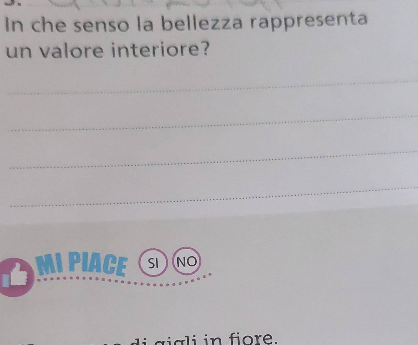 In che senso la bellezza rappresenta 
un valore interiore? 
_ 
_ 
_ 
_ 
AMI pIAcE SINO 
giali in fiore.