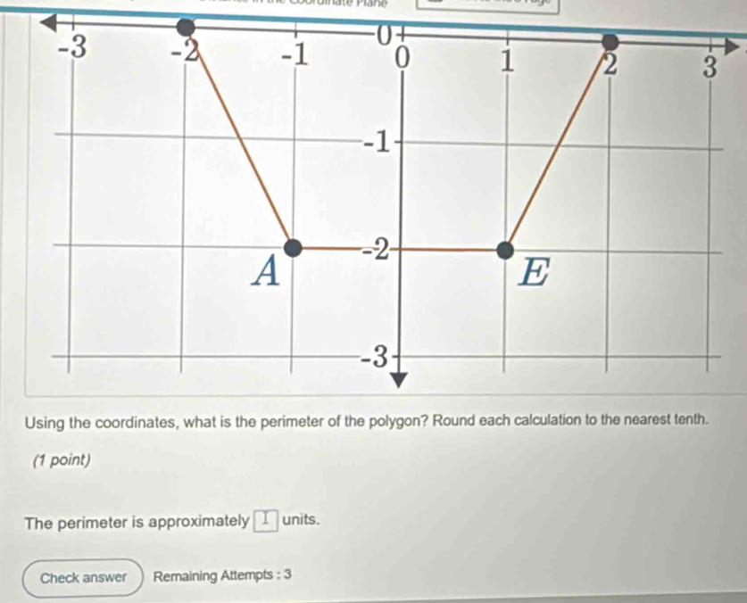 0
-3 -2 -1 0 1 /2 3
-1
-2
A 
E
-3
Using the coordinates, what is the perimeter of the polygon? Round each calculation to the nearest tenth. 
(1 point) 
The perimeter is approximately __ units. 
Check answer Remaining Attempts : 3