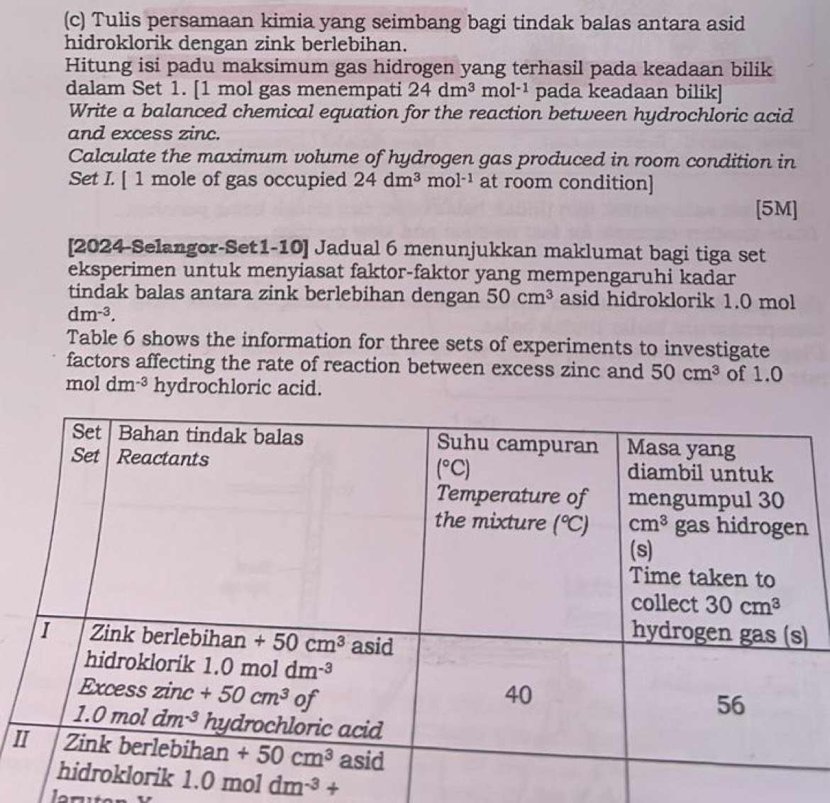 Tulis persamaan kimia yang seimbang bagi tindak balas antara asid
hidroklorik dengan zink berlebihan.
Hitung isi padu maksimum gas hidrogen yang terhasil pada keadaan bilik
dalam Set 1. [1 mol gas menempati 24dm^3mol^(-1) pada keadaan bilik]
Write a balanced chemical equation for the reaction between hydrochloric acid
and excess zinc.
Calculate the maximum volume of hydrogen gas produced in room condition in
Set I. [ 1 mole of gas occupied 24dm^3mol^(-1) at room condition]
[5M]
[2024-Selangor-Set1-10] Jadual 6 menunjukkan maklumat bagi tiga set
eksperimen untuk menyiasat faktor-faktor yang mempengaruhi kadar
tindak balas antara zink berlebihan dengan 50cm^3 asid hidroklorik 1.0 mol
dm^(-3).
Table 6 shows the information for three sets of experiments to investigate
factors affecting the rate of reaction between excess zinc and 50cm^3 of 1.0
moldm^(-3) hydrochloric acid.
I
1.0moldm^(-3)+