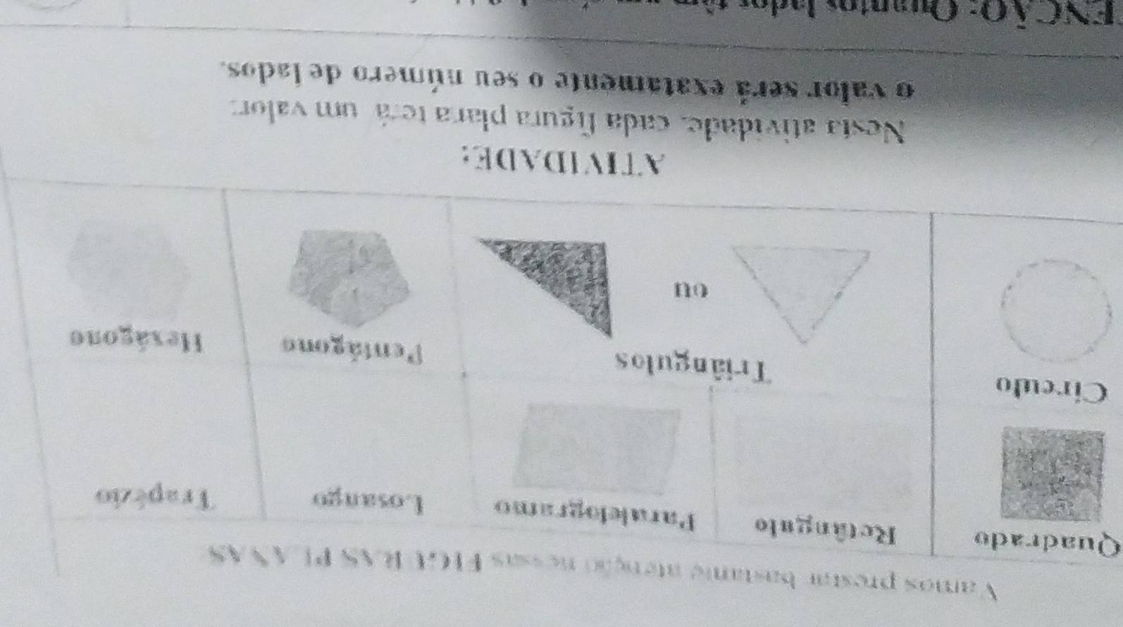 Vamos p
Q
C 
ATIVIDADE: 
Nesta atividade, cada figura plara terá um valor: 
o valor será exatamente o seu número de lados. 
* ENC Ã O : Quantos lados