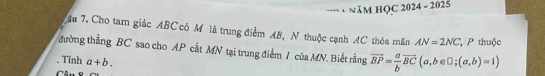 NăM HỌC 2024 - 2025 
ầu 7. Cho tam giác ABC có M là trung điểm AB, N thuộc cạnh AC thỏa mãn AN=2NC ' P thuộc 
đường thằng BC sao cho AP cắt MN tại trung điểm I của MN. Biết rằng vector BP= a/b vector BC(a,b∈ □; (a,b)=1). Tính a+b. 
Câu