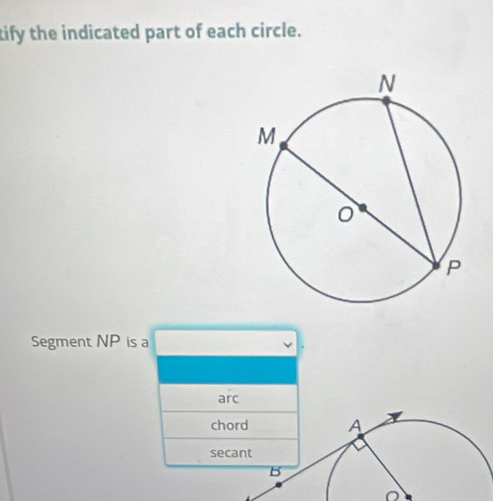 tify the indicated part of each circle. 
Segment NP is a 
arc 
chord 
secant
o