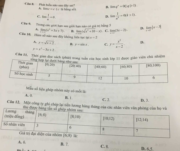 Phát biểu nào sau đây sai? B. lim q^n=0(|q|>1).
A. lim c=c ( c là hằng số).
C. limlimits  1/n =0. lim  1/n^k =0(k>1).
D.
Câu 9. Trong các giới hạn sau giới hạn nào có giá trị bằng 5
A. limlimits _xto -2(x^2+3x+7). B. limlimits _xto +∈fty (sqrt(x^2+10)-x) C. limlimits _xto 2(3x-2). D. limlimits _xto 3^-|x-3|
Câu 10. Hàm số nào sau đây không liên tục tại x=2
A. y=sqrt(x+2). B. y=sin x. C. y= x^2/x-2 . D.
y=x^2-3x+2.
Câu 11. Thời gian đọc sách (phút) trong tuần của học sinh lớp 11 được giáo viên chủ nhiệm
ẫu số liệu ghép nhóm này có mốt là:
A. 0. B. 1. C. 2.
D. 3.
Câu 12. Một công ty ghi chép lại tiền lương hàng tháng của các n
thu đư
A. 6. B. 7. C. 8.
D. 6,5.