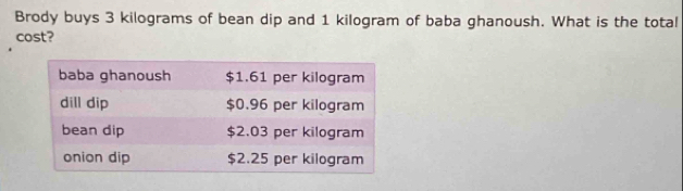 Brody buys 3 kilograms of bean dip and 1 kilogram of baba ghanoush. What is the total 
cost?