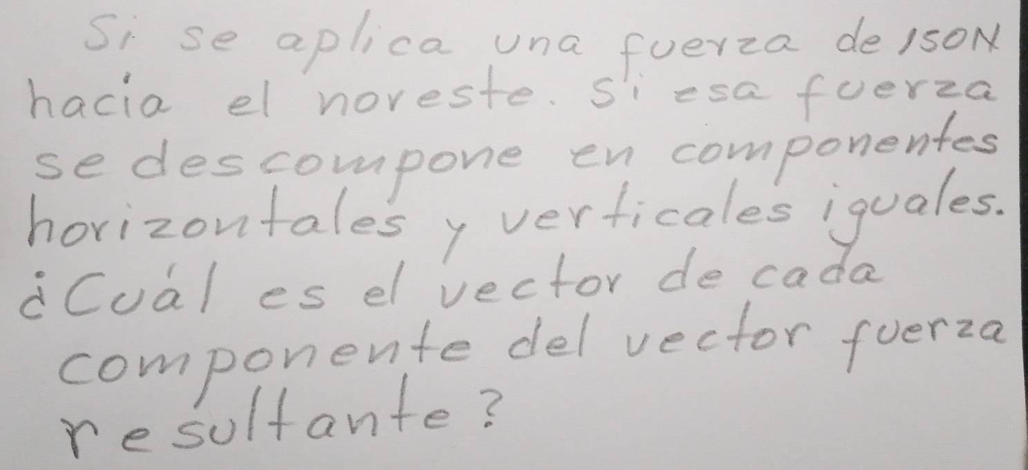 Si se aplica una fuerza de/sON 
hacia el noreste. siesa fuerza 
sedescompone en componentes 
horizontalesy vertficales iquales. 
dCual es el vector de cada 
componente delvector foerza 
resultante?