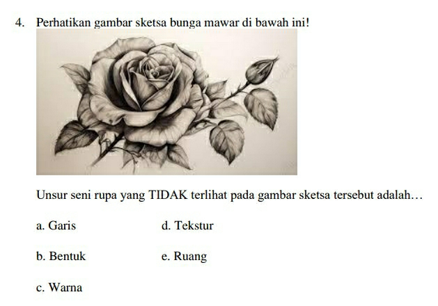 Perhatikan gambar sketsa bunga mawar di bawah ini!
Unsur seni rupa yang TIDAK terlihat pada gambar sketsa tersebut adalah…
a. Garis d. Tekstur
b. Bentuk e. Ruang
c. Warna