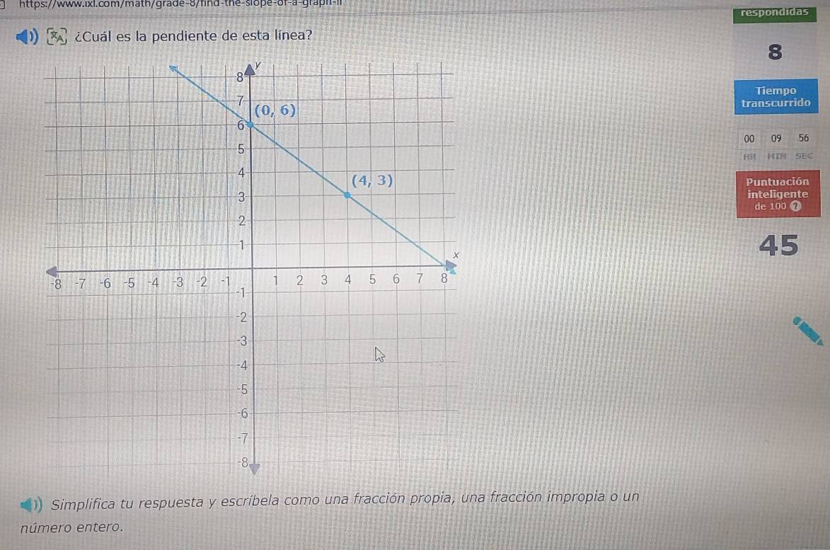 respondidas
¿Cuál es la pendiente de esta línea?
8
Tiempo
transcurrido
00 09 56
HR HIN SEC
Puntuación
inteligente
de 100 7
45
Simplifica tu respuesta y escríbela como una fracción propia, una fracción impropia o un
número entero.