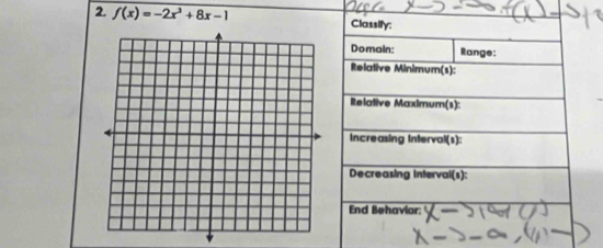 f(x)=-2x^3+8x-1 Classily: 
Domain: Range: 
Relative Minimum(s): 
Relative Maximum(s): 
Increasing Interval(s) 
Decreasing Interval(s): 
End Behavior: