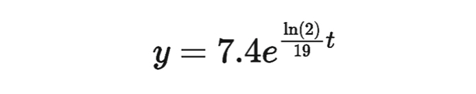 y=7.4e^(frac ln (2))19t