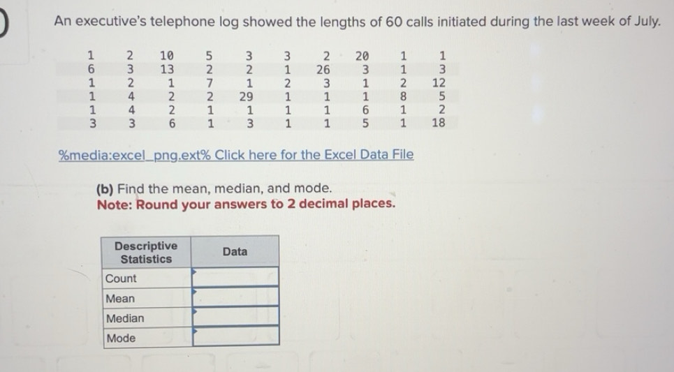 Solved: An executive's telephone log showed the lengths of 60 calls ...