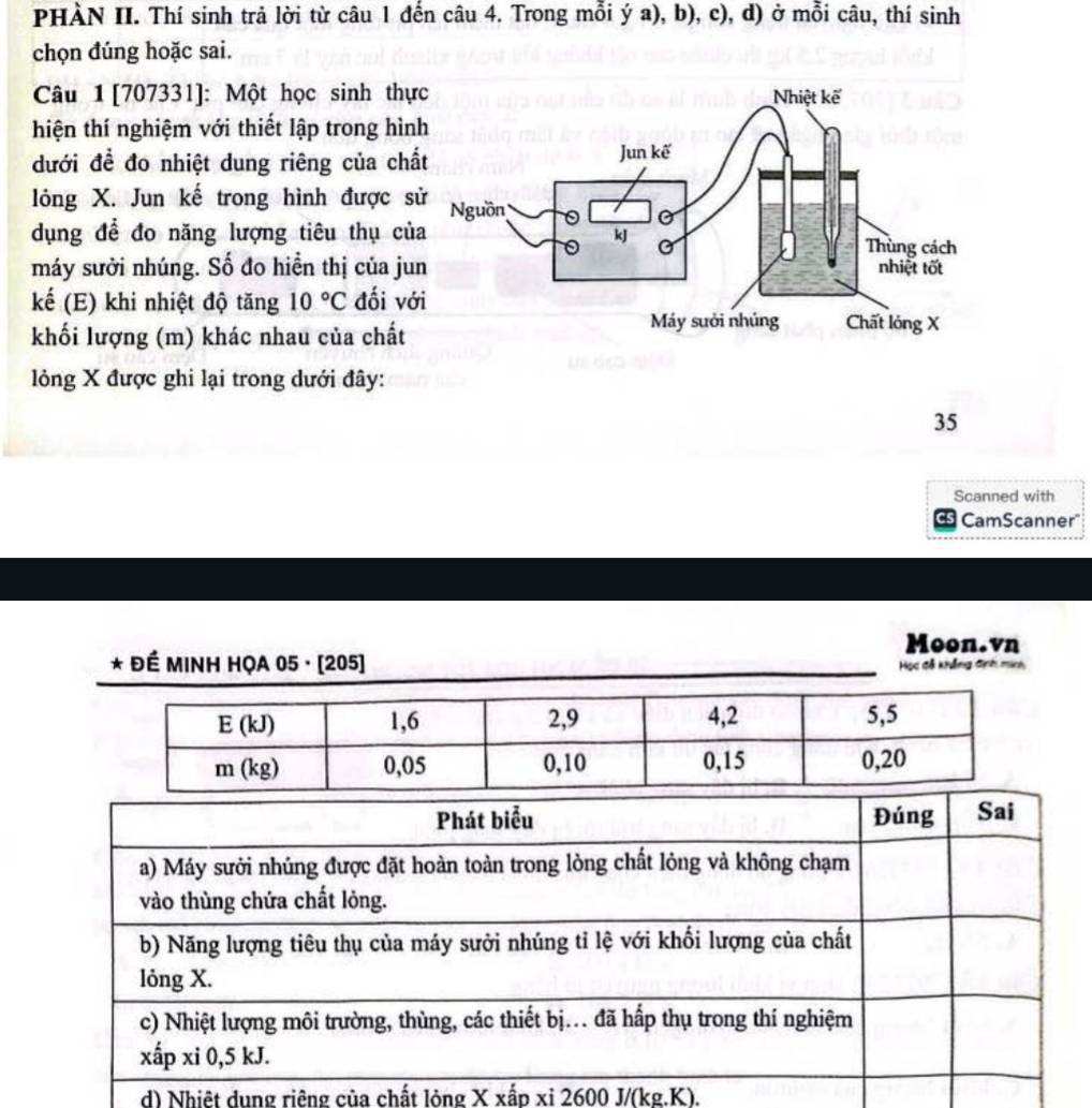 PHÀN II. Thí sinh trả lời từ câu 1 đến câu 4. Trong mỗi ý a), b), c), d) ở mỗi câu, thí sinh 
chọn đúng hoặc sai. 
Câu 1 [707331]: Một học sinh thự 
hiện thí nghiệm với thiết lập trong hìn 
đưới đề đo nhiệt dung riêng của chấ 
lông X. Jun kế trong hình được s 
dụng để đo năng lượng tiêu thụ củ 
máy sười nhúng. Số đo hiển thị của ju 
kế (E) khi nhiệt độ tăng 10°C đối vớ 
khối lượng (m) khác nhau của chất 
lỏng X được ghi lại trong dưới đây: 
35 
Scanned with 
CS CamScanner" 
Moon.vn 
* Đề MINH HỌA 05 · (205] Học đỗ khẳng định minh 
d) Nhiệt dung riêng của chất lỏng X xấp xỉ 2600 J/(kg.K).