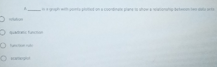 A _is a graph with points plotted on a coordinate plane to show a relationship between two data sels.
relation
quadratic function
function rule
scatterplot