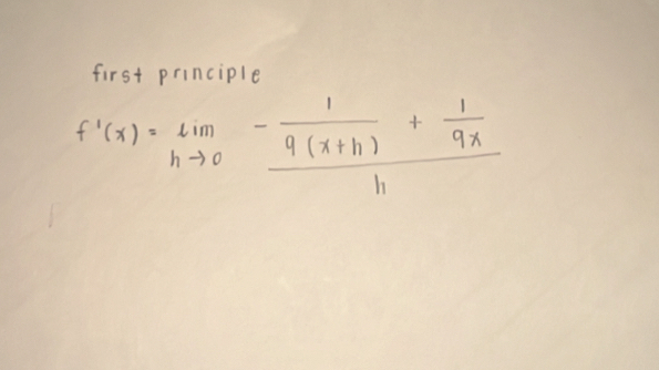 first principle
f'(x)=limlimits _hto 0frac - 1/9(x+h) + 1/9x h