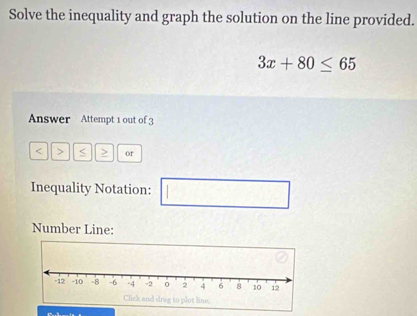 Solve the inequality and graph the solution on the line provided.
3x+80≤ 65
Answer Attempt 1 out of 3 
< > > or 
Inequality Notation: 
□ 
Number Line: 
Click and drag to plot line.