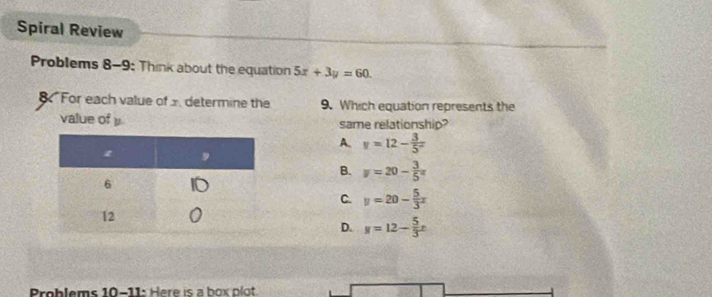 Spiral Review
Problems 8-9: Think about the equation 5x+3y=60. 
For each value of x determine the 9. Which equation represents the
value of y. same relationship?
A. y=12- 3/5^x 
B. y=20- 3/5 x
C. u=20- 5/3 x
D. y=12- 5/3 x
Problems 10-11: Here is a box plot