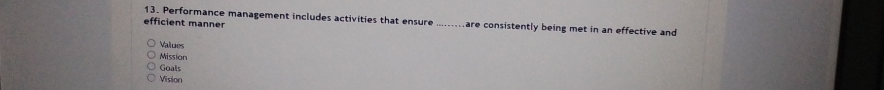 Performance management includes activities that ensure are consistently being met in an effective and 
efficient manner
Values
Mission
Goals
Vision