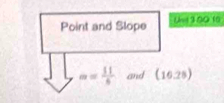 Point and Slope Un 3 00 10
m= 11/6  and (16,28)