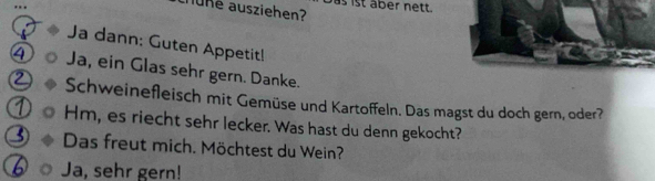 as ist aber nett. 
ne ausziehen? 
Ja dann: Guten Appetitl 
Ja, ein Glas sehr gern. Danke. 
Schweinefleisch mit Gemüse und Kartoffeln. Das magst du doch gern, oder? 
Hm, es riecht sehr lecker. Was hast du denn gekocht? 
Das freut mich. Möchtest du Wein? 
Ja, sehr gern!