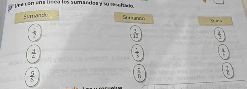 Une con una linea los sumandos y su resultado. 
Sumando 
Sumando Suma
 1/2 
 3/10 
 3/2 
 3/4 
 1/3 
 4/5 
 5/6 
 6/8 
 7/6 