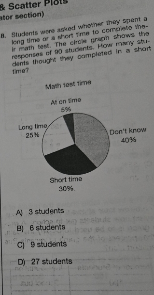 Scatter Plots
ator section)
8. Students were asked whether they spent a
long time or a short time to complete the-
ir math test. The circle graph shows the
responses of 90 students. How many stu-
dents thought they completed in a short 
time?
A) 3 students
B) 6 students
C) 9 students
D) 27 students